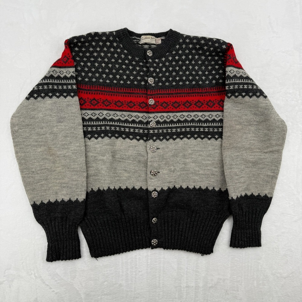VTG 1970s Fashion Hill Womens Fair Isle Cardigan Virgin Wool Gray Red Sz XL